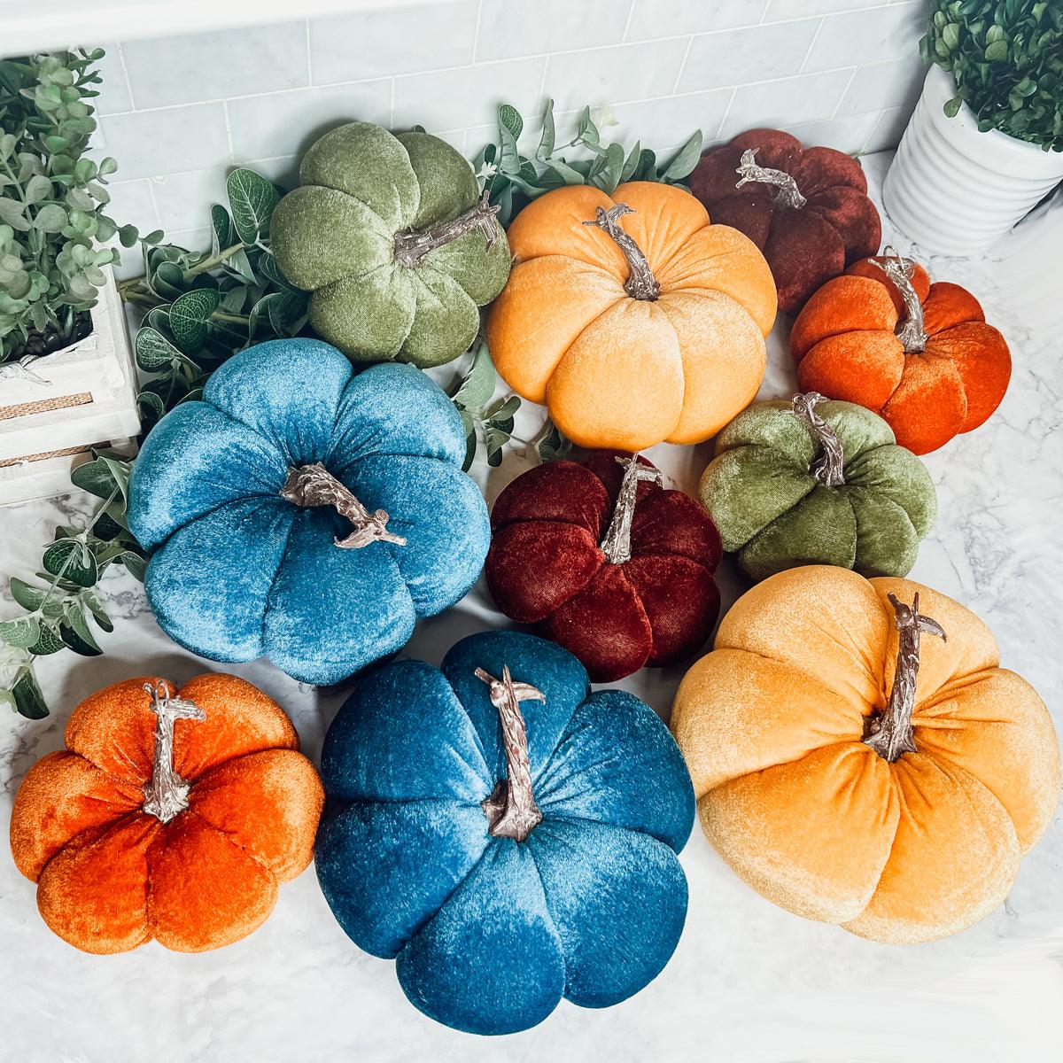 Colorful velvet pumpkin decorations handmade.
High end halloween home decor & gifts